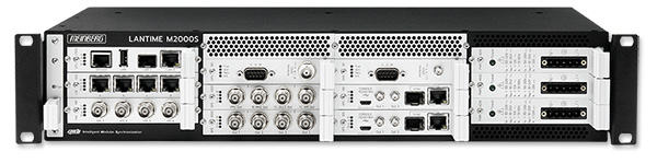 The IMS LANTIME M2000S is a 2U rack-mount chassis that includes all known IMS slot types. It integrates one Meinberg CPU, up to two clock modules (GNSS, DCF77, IRIG Timecode), up to three power supplies and an ACM - Active Cooling Module.